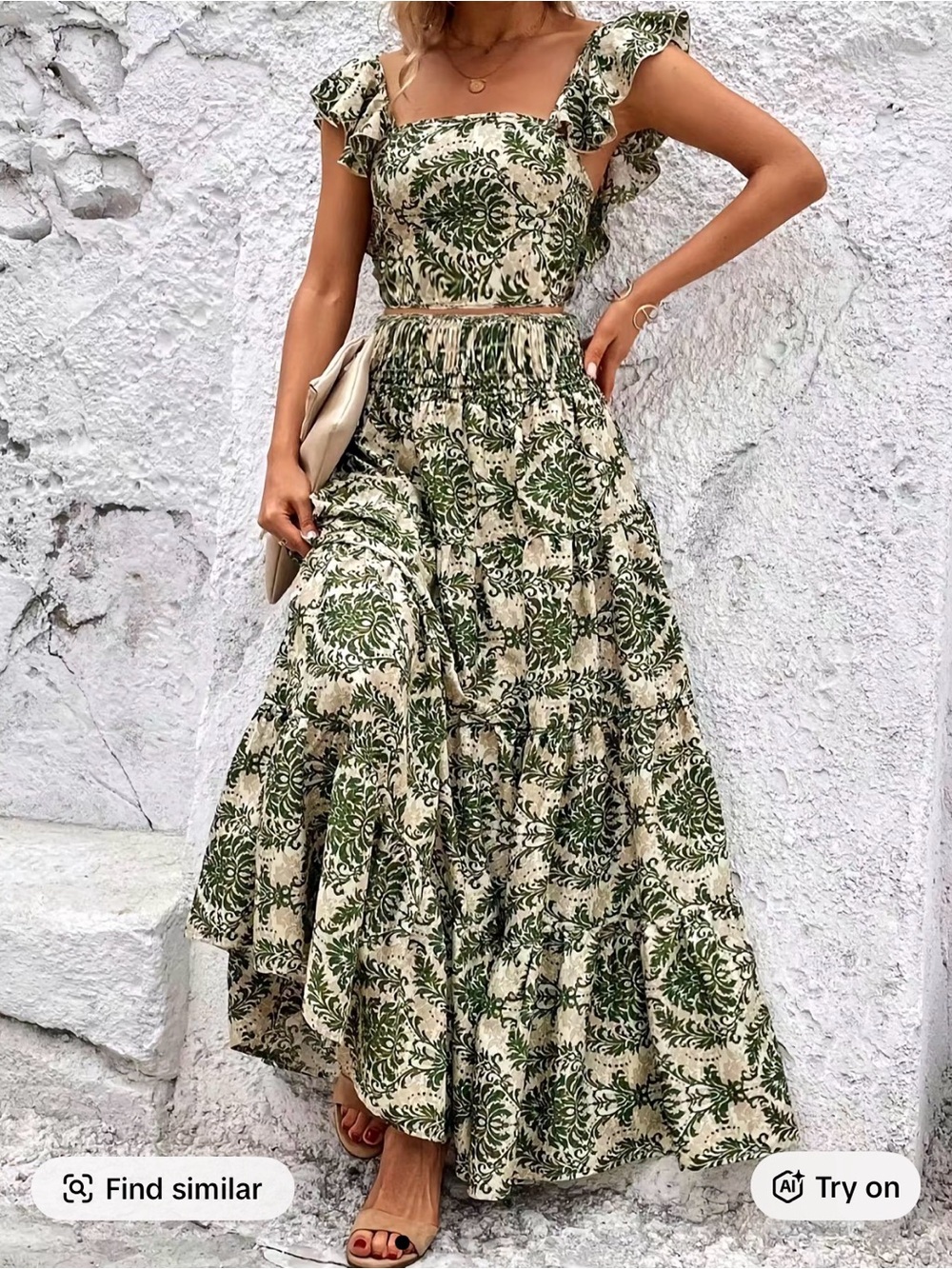 Green and White Floral Maxi Dress Set - Sleeveless Crop Top & Skirt